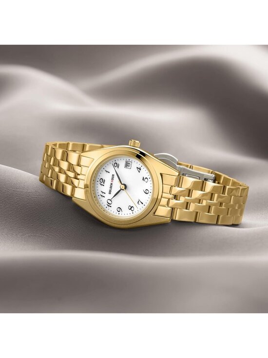 Women\'s Gold White Analog Quartz Stainless Steel Band Easy Reader Bracelet Watch main image 5